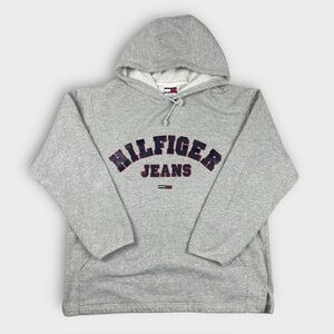 Vintage Tommy Hilfiger Jeans Hoodie Grey Arched Logo Made in USA Mens Medium